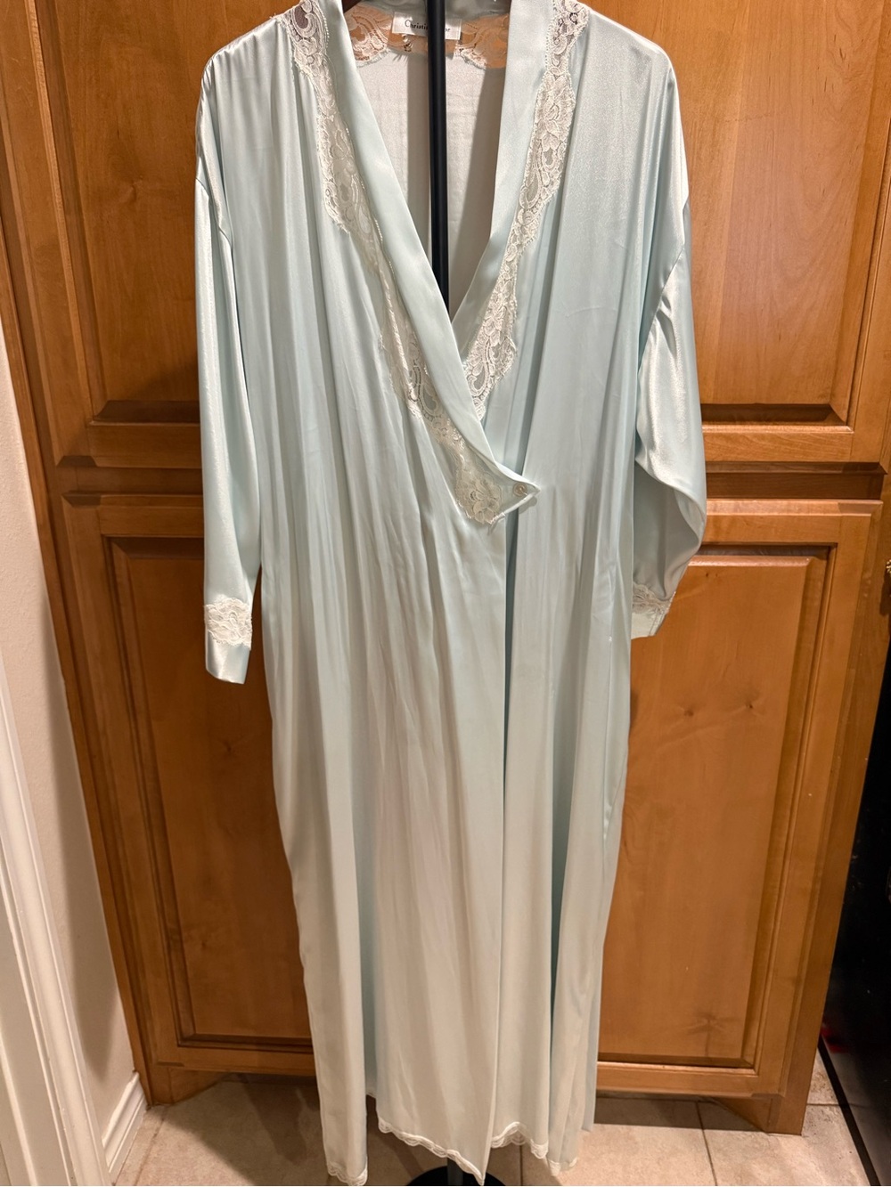 Vintage Women’s Christian Dior Satin Pale Blue Long Lace-Trim Women's Robe